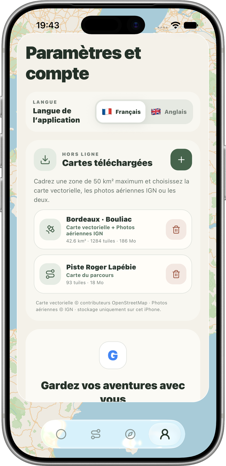 Gestion réelle des cartes hors ligne Hodoa dans Paramètres et compte, présentée dans un iPhone 17 Pro